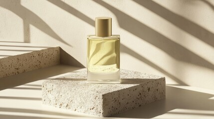 Minimalist fragrance bottle on textured concrete slab, soft reflections on transparent glass, modern luxury aesthetic