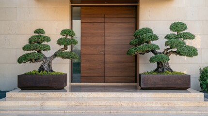 Minimalist home entrance with sleek wood front door and matching bonsai-style trees in large pots
