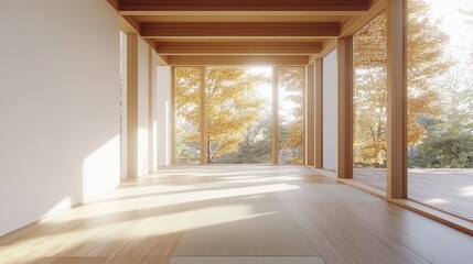 Minimalist Japanese-inspired empty room with fresh tatami mats and warm wood tones, D rendering with daylight