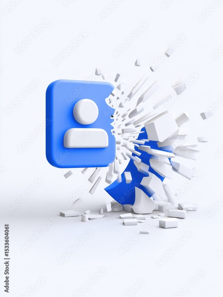 Poster user icon shatters during system crash, left side exposed in chaotic digital disruption moment