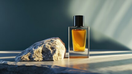 Minimalist perfume bottle with soft shadows, placed on textured rock, high-end luxury aesthetic with a clean background