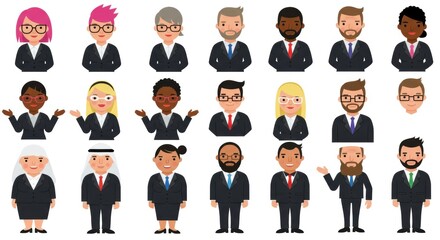 Set of diverse business cartoon characters, including men and women of various ethnicities, wearing suits and professional attire, standing on a white background.