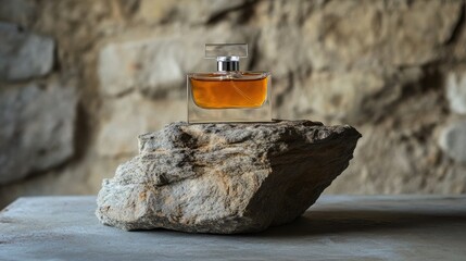 Minimalist perfume bottle with subtle reflections, set on a sculptural rock pedestal, elegant and high-end beauty photography