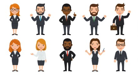 Set of diverse business cartoon characters, including men and women of various ethnicities, wearing suits and professional attire, standing on a white background.