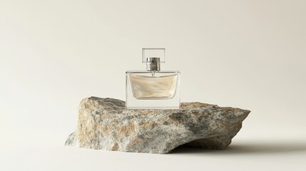 Minimalist perfume container with transparent packaging, positioned on a sculptural stone piece, modern aesthetic on white background