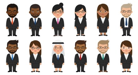 Set of diverse business cartoon characters, including men and women of various ethnicities, wearing suits and professional attire, standing on a white background.