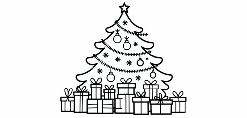 Christmas tree with presents line art illustration