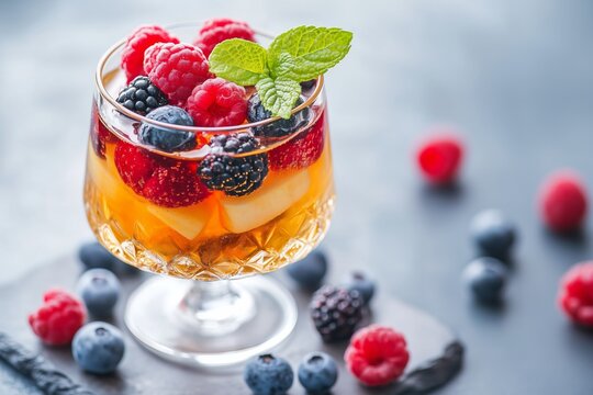 Delicious rumtopf fruit compote featuring mixed berries soaked in rum served in an elegant glass on a textured surface