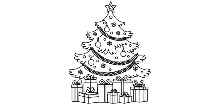Christmas tree with presents line art illustration