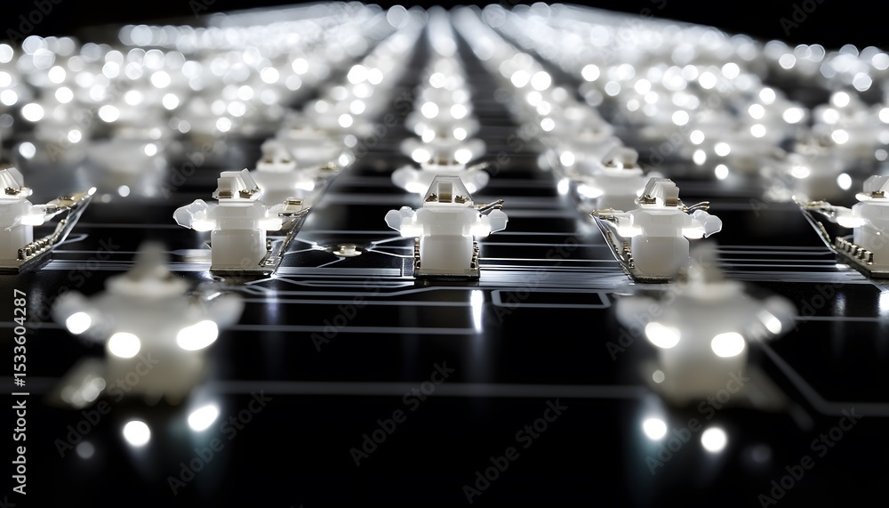 Poster close-up view of many small white lights arranged in rows.