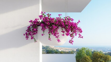 Minimalist summer balcony with white walls and bougainvillea spilling from a hanging planter
