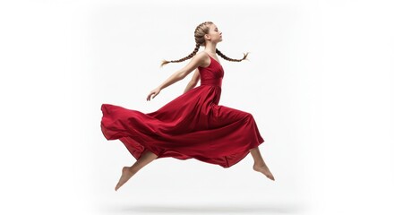 Beautiful young woman with red curly hair in a long red dress, gracefully floating or levitating in the air against a white background. Her sheer dress fabric billows around her,