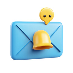3D Blue Closed Envelope with Speech Bubble & Bell  on Transparent Background