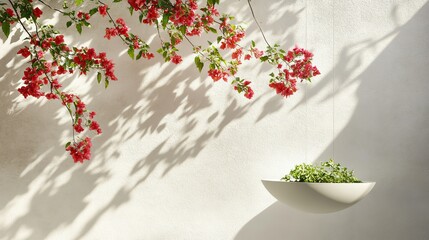 Minimalist summer balcony with white walls and bougainvillea spilling from a hanging planter