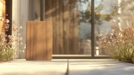 Minimalist wooden board standing outside a bakery with blurred glass door and floral decor