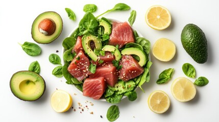 Minimalist tuna avocado salad scene from above, bright white background, plenty of room for graphic elements or copy