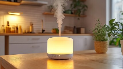Minimalist ultrasonic diffuser with soft LED glow, releasing calming essential oil mist in a bright and cozy home environment