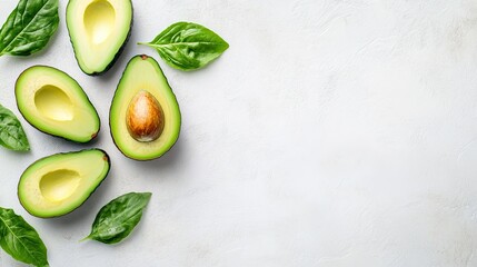 Minimalist tuna avocado salad scene from above, bright white background, plenty of room for graphic elements or copy
