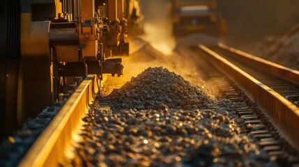 Mining industry at work, with a worker engineer inspecting conveyor belts moving crushed stones from a stone crusher.