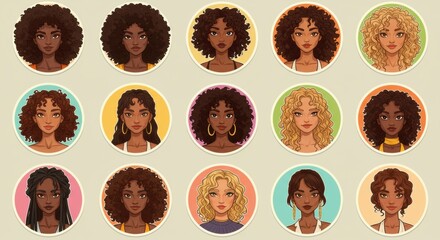 Set of diverse young women's cartoon portraits with various curly and textured hairstyles, presented as circular avatars on colorful backgrounds.
