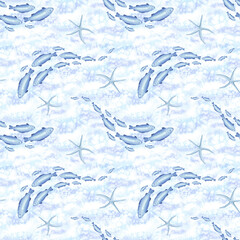 Fish flokes and starfishes watercolor seamless pattern for baby marine design. Cute sea animals illustration for nautical print. Hand drawn underwater fauna of ocean. Template in mediterranean style.