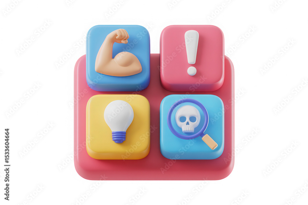 Poster 3d render of colorful square buttons with icons representing strength, warning, idea, and risk