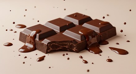 Close-Up of Melting Chocolate Bar with Splashes on Beige Background variation 2