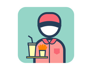 ポテトとジュースを持つファーストフード店員のシンプルな四角いカラフルカラーイラストアイコン