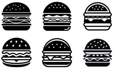 Six black and white burger icons with different fillings on a white background