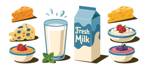 Fresh milk and dairy products illustration