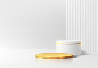Realistic white, Golden 3D cylindrical podium background with square backdrop wall scene. Abstract minimalist mockup, Product display presentation, Stage showcase. Platforms vector geometric design.