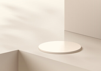 Realistic 3D cream cylindrical podium background on empty clean floor and groove corner. Minimal scene, mockup abstract product display presentation, Stage showcase. Platforms vector geometric design.