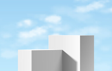 White 3D cubes box podium background with blue sky scene in summer style. Minimalist studio mockup pedestal. Abstract stand product display presentation, Stage for showcase. Vector platform design.