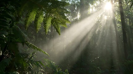 Rays of Sunlight Filtering Through Lush Green Ferns in a Tranquil Forest Setting