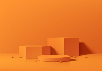 Orange 3D cylindrical podium background with cube and hexagon pedestal. Minimalist mockup. Abstract stand product display wall scene presentation, Stage for showcase. Vector geometric platforms design