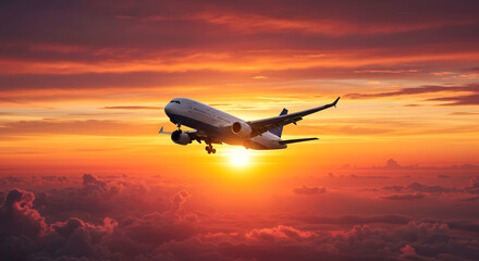 Airplane Taking Off at Sunset, Golden Hour Flight