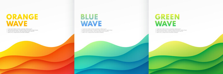 Set of yellow, blue and green wavy curve lines layers on white background. Abstract vibrant color banner design. Design for banner, cover, web, flyer, card, poster, wallpaper. Vector illustration.