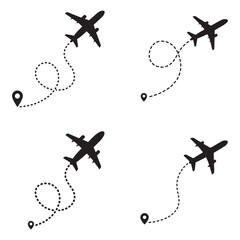 Travel concept Dotted path airplane Aircraft tracking. Line path vector icons of air plane flight routes with start point and dash line trace
