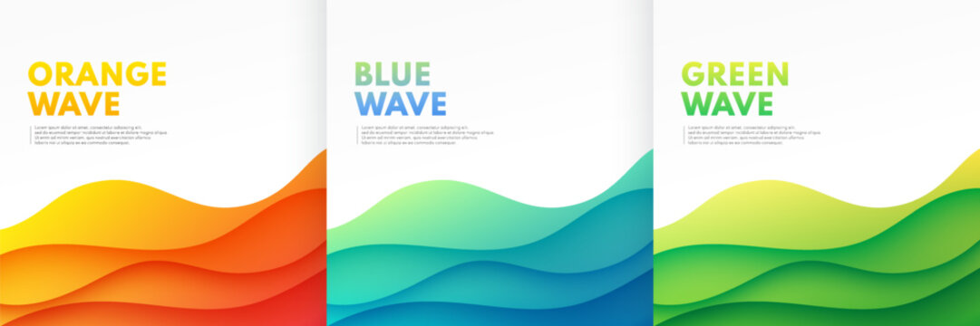 Set of yellow, blue and green wavy curve lines layers on white background. Abstract vibrant color banner design. Design for banner, cover, web, flyer, card, poster, wallpaper. Vector illustration.