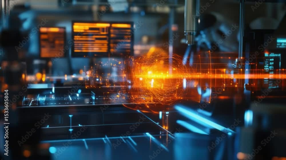 Poster technological innovation in laboratory: in a modern laboratory, glowing lights and data projections 