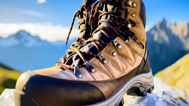 Hiking boots on rocks against a mountain range, outdoors adventure gear and apparel for trekking with laces and metal eyelets, travel