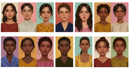 Grid of diverse, illustrated portraits featuring young people with varying ethnicities, hair styles, and expressions, set against colorful backgrounds.