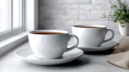 Steam rises gently from two pristine white cups filled with aromatic coffee, resting on saucers next to a soft cloth, creating a warm and inviting atmosphere in a sunlit kitchen.