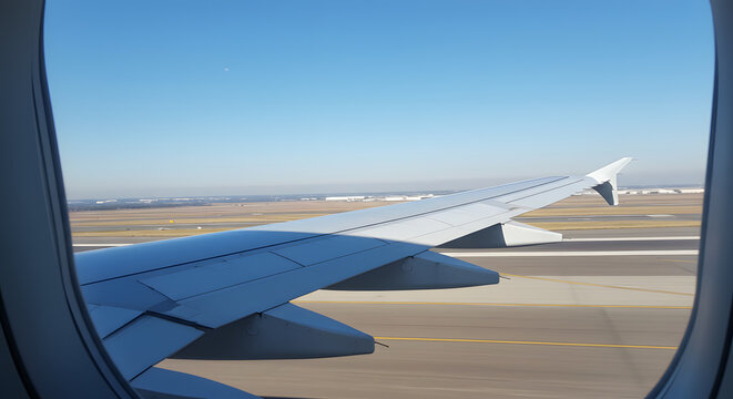 Wing View: Airplane Window on Takeoff