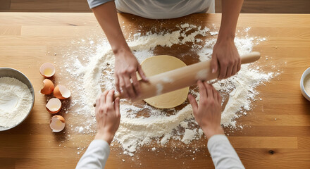 Baking with hands rolling dough on table