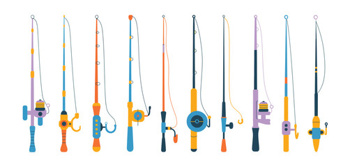 Collection of colorful fishing rods and reels