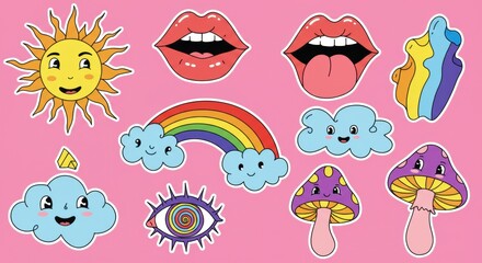Fototapeta premium A set of cute cartoon psychedelic stickers featuring a smiling sun, lips, rainbow, clouds, mushrooms, and an eye on a pink background.
