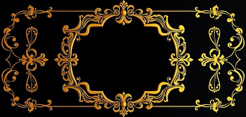 Elegant golden ornate frame on dark background for luxury event invitation,  glitter,  scroll