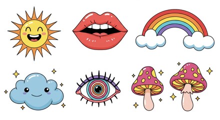 A set of cute cartoon psychedelic stickers featuring a smiling sun, lips, rainbow, clouds, mushrooms, and an eye on a pink background.