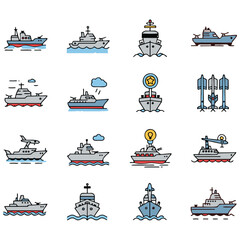 Cartoon illustration showcasing a fleet of different warships and naval vessels with detailed vector design, perfect for maritime themes. Great for naval history, fleet management or defense industry